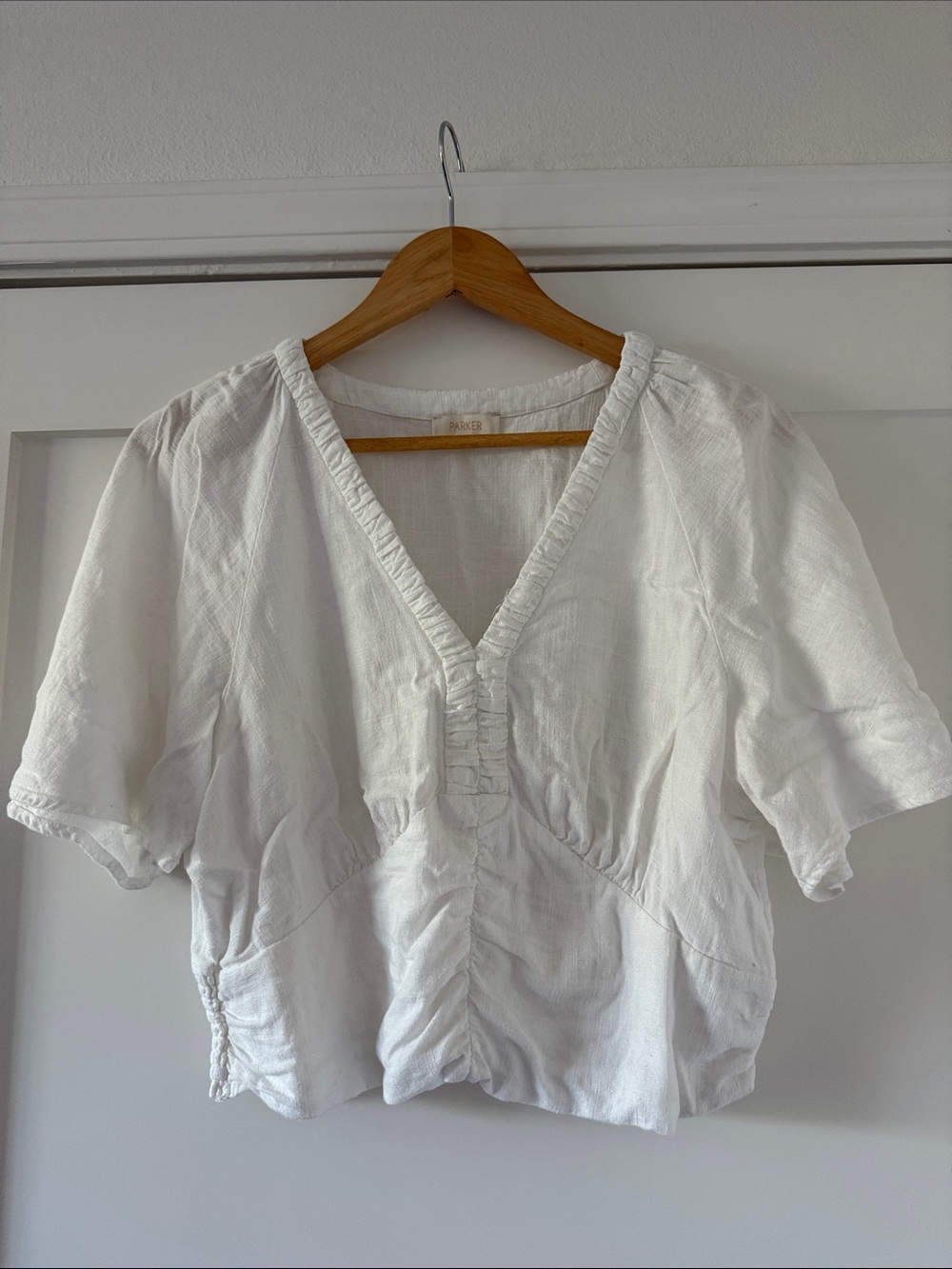 Parker White V-Neck Ruched waist short Sleeve Blouse